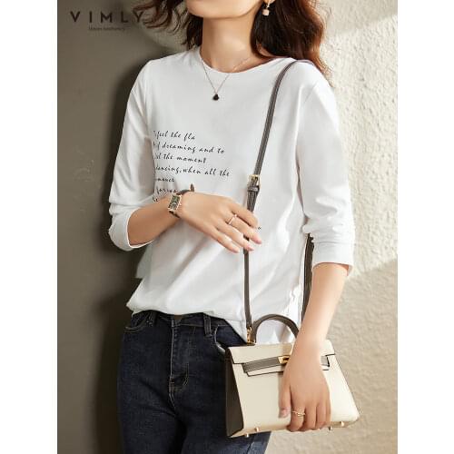 VIMLY letter printted long sleeve T-shirt for women autumn 2021 cotton Korean loose round neck tops ins streetwear T-shirt F8800