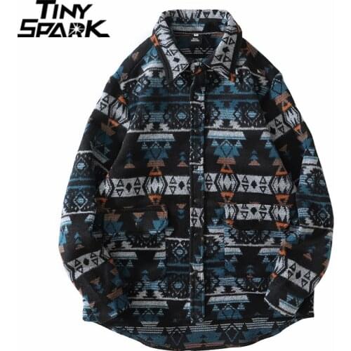Hip Hop Men Streetwear Retro Vintage Flannel Shirt Geometric Harajuku Shirt Cotton Fleece Autumn Winter Shirt Long Sleeve Thick