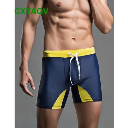 Hot Professional Swimming 2019 New Mens Halter Swimsuit Mid Waist Nylon Bathing Suit European American Style Patchwork Swimwear