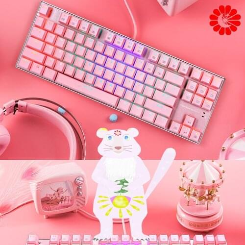 Gaming mechanical keyboard pink cherry powder wired USB 87-keys PBT keycaps RGB backlit red switch keyboard for gamer PC