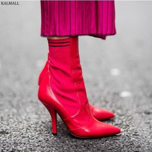 KALMALL Winter Runway Style Women Ankle Boots Red Stretch Knit Short Boots Pointed Toe Stiletto Heels Women Boots Botas Mujer