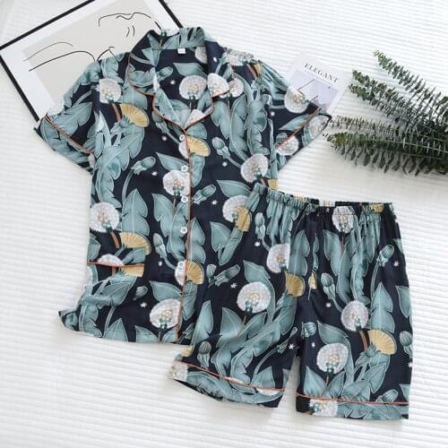 Summer Floral Rayon Pajamas Set Ladies Thin Short-sleeved Shorts Pyjamas Turn-down Collar Homewear Loose Two-piece Sleepwear Set