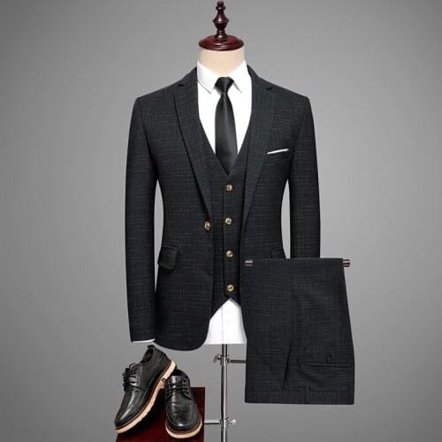 Fashion Men Business Casual Suit Black Navy Blue Gray Slim Fit Men Suit Jacket + Pants + Vest High Quality Men Suit 3piece Set