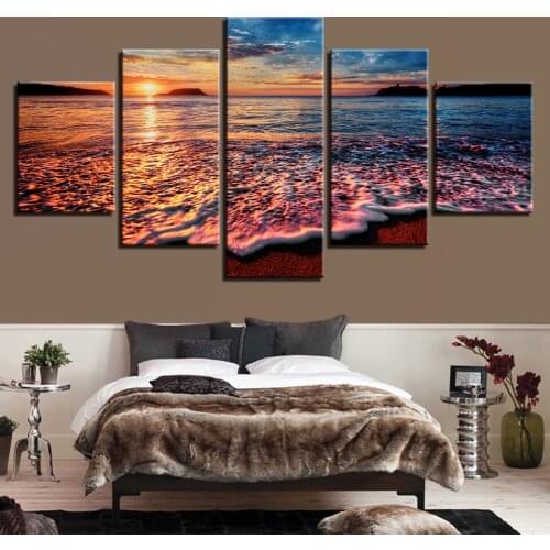 Canvas Modular Pictures Wall Art 5 Pieces Sunset Sea Waves Seascape Paintings Beach Posters Home Decor Room Unframed