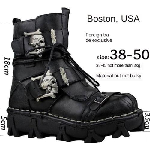 Mens Vintage & Unique Look Genuine Leather Ankle Motorcycle Military Combat Boots with Skull Moto Boots Steam punk Boots