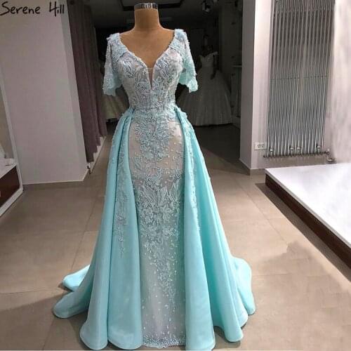 Mint V-Neck Vintage Short Sleeves Evening Dresses 2020 New Handmade Flowers With Train Formal Evening Gown LA6605