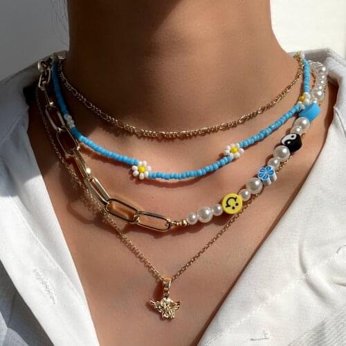 New Bohemia Daisy Blue Seed Beaded Choker Necklace For Women Multilayer Smiley Pearls Rainbow Beads Clavicle Chain Strand Jewely