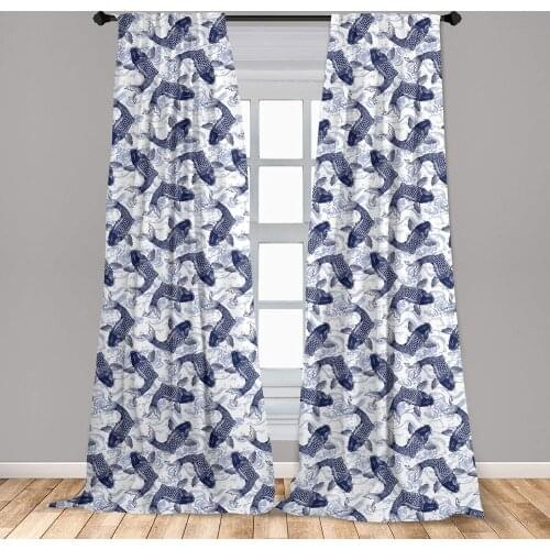Fish Window Curtains Japanese Carp Koi with Waveed Ancestral Animals Culture Lightweight Decorative