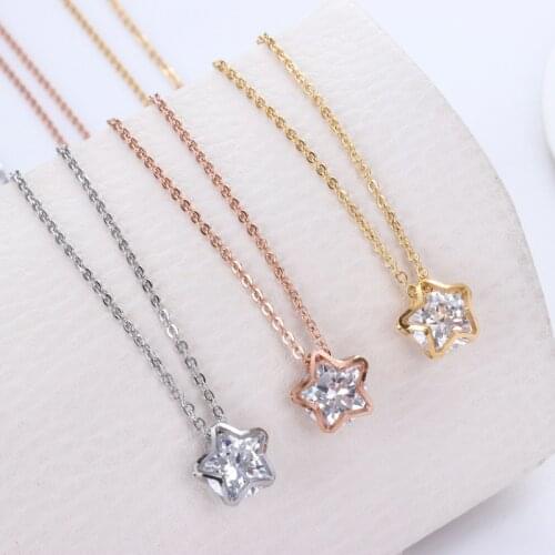 Rose gold color stainless steel star pendant necklace women bijoux, cute crystal statement necklaces fashion jewelry neckless