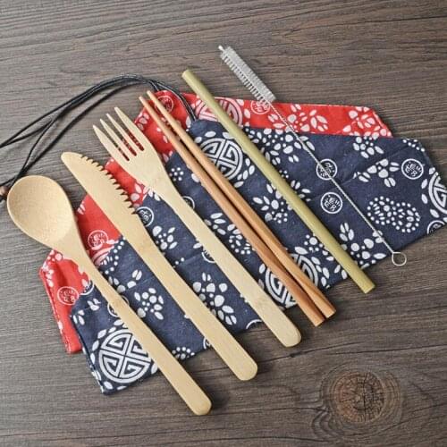 Portable Knife Picnic Natural Reusable Straw Spoon Fork Chopstick Kitchen Utensil Bamboo Cutlery Set LX8553