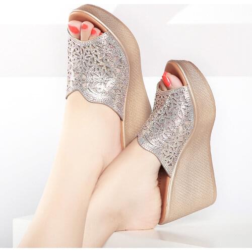 Qiannml Quality Womens Slippers Platform Shoes Summer 2021 Rhinestone Slippers Ladies Wedge Heels Slides Women Silver