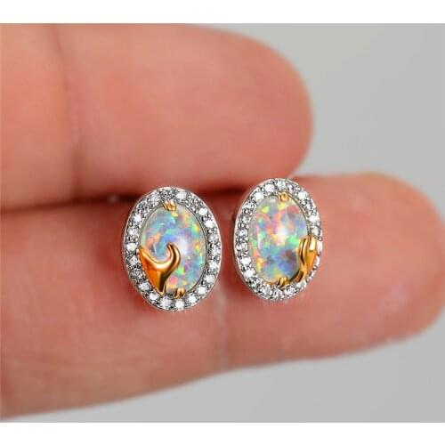 Luxury White Blue Opal Wave Earrings Charm Crystal Oval Stone Stud Earrings Fashion Gold Silver Color Wedding Earrings For Women