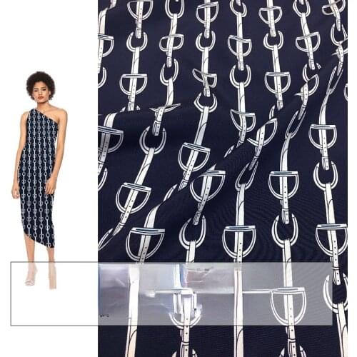 Horsebit vertical chain printing navy blue bottom stretch digital printing natural mulberry silk high fashion textile fabric