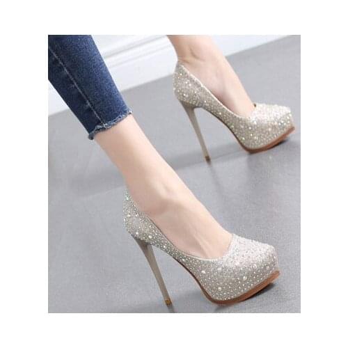 Women Pumps Platform Rhinestone High Heels 11CM Women Shoes Pointed Toe Crystal Bling Silver Female Shoes Party Wedding Shoes