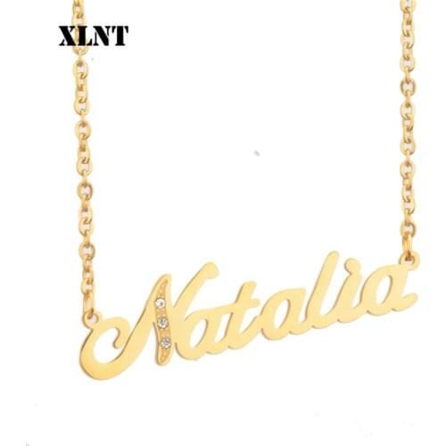 XLNT Natalia Zircon Name Necklace Custom Name Letters Pendants Necklaces Jewelr Gold Silver Stainless Steel Jewelry