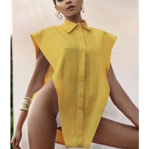 2021 Summer Sexy Womens New Style Temperament Show Shoulder Loose Fashion Irregular Solid Color Sleeveless Slim Fit Shirt Vest