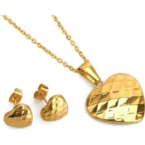 FairLadyHood Fashion Stainless Steel Heart Earrings Heart Necklace Women Heart Jewelry Sets Gold Color Jewelry Set