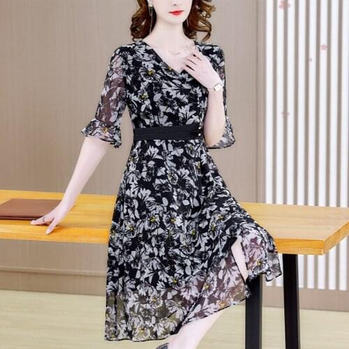 Summer Boho Black Floral Chiffon V-Neck Sexy Midi Dress Women Elegant Bodycon Sundress 2021 Korean Fashion Casual Beach Vestidos