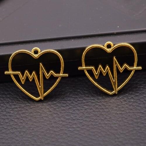 10 Pcs Antique Gold Color Heart Heartbeat Charms Pendants DIY Retro Bracelet Necklace Jewelry Handicraft Making 30*25mm P31