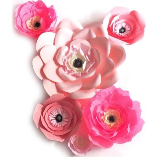 2018 Unique Pink Giant Cardstock & Crepe Paper Flowers 6PCS Wedding & Event Decor Baby Nursery Windows Display Mix Size 10-50CM