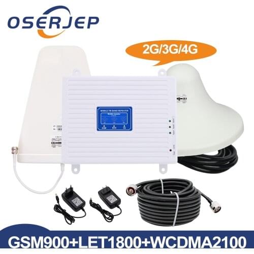 2g 3g 4g Tri Band 900 1800 2100 MHz Repeater GSM WCDMA UMTS LTE Signal Booster Triband 900/1800/2100 Amplifier+Log/Panel Antenna