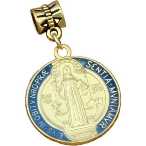 30pcs/lot Blue Enamel Saint Benedict Medal Cross Crucifix charm Dangles Beads Fit European Charm Bracelet 23.5x38mm A-367a