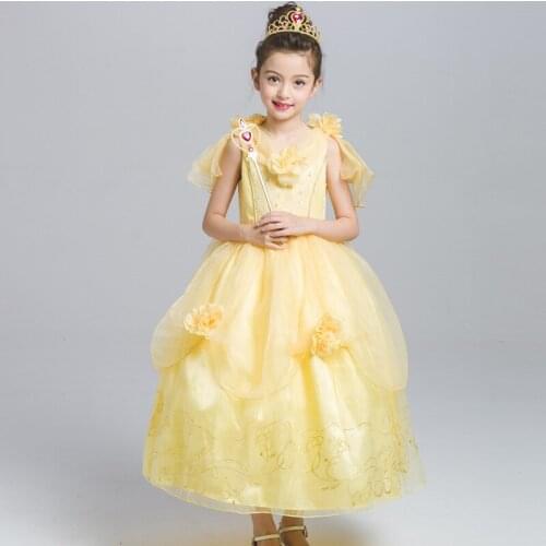ABGMEDR Brand 2018 Princess Belle Dress Girls Dresses Girls New Year Dress Cartoon Yellow Pink Children Christmas Clothing