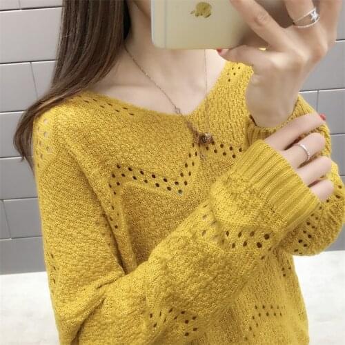 Jumper Real Sweater Women Top V-collar Sweater Female Spring Garment 2019 Wear Westernized Bottom Shirt Thin Hollow-out Knitted