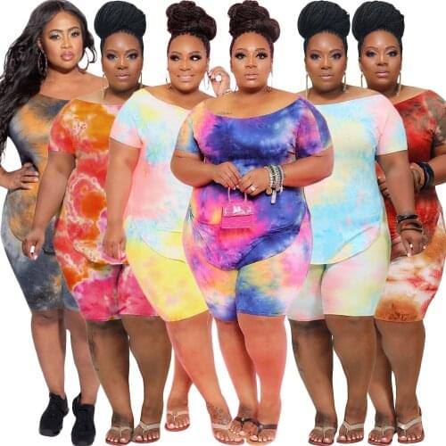 Tie-dye Printing Women Casual Two Piece Sets Fashion Plus Size Slash Neck Short Sleeve Loose T-shirts + Skinny Shorts Outfits