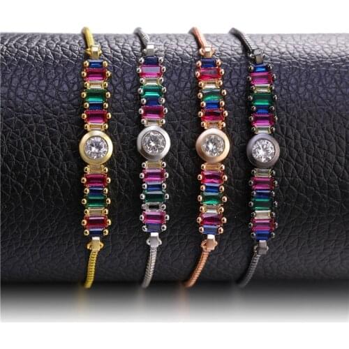 JUWANG New Fashion DIY AAA Cubic Zirconia Multicolor Rainbow Charm Bracelets For Women Girls Adjustable Chain Bracelet Jewelry