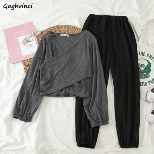 Women Sets Loose Comfortable Full-length Leisure Sportswear Solid Simple V-neck Female Wild-leg Elastic-waist Korean-style Chic