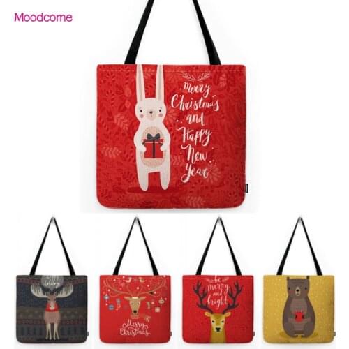Red Christmas Joyful Cute Animal Deer Bunny Penguinn Raccoon Lovely Cotton Linen Tote Bag Water Resistant Shopper Shopping Bag