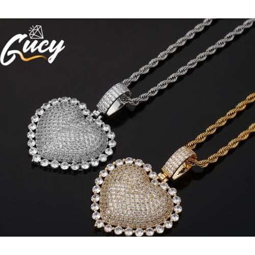 GUCY Heart Pendant With Tennis Chain Necklace Gold Silver Color Cubic Zircon Mens Women Hip Hop Jewelry