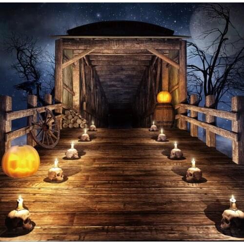 Laeacco Halloween Backdrops Old Wooden Wheel House Skull Candle Pumpkin Pray Party Photography Background Photocall Photo Studio
