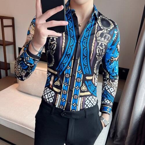 British Style luxurious Printed Mens Shirt Slim Long Sleeve Casual Shirt Business Dress Clothing Social Party Streetwear Blouse