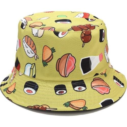 New Japanese Sushi Pattern Fisherman Cap Vegetarian Burger Fries Double-sided Outdoor Folding Basin Hat Summer Outdoor Sun Hat