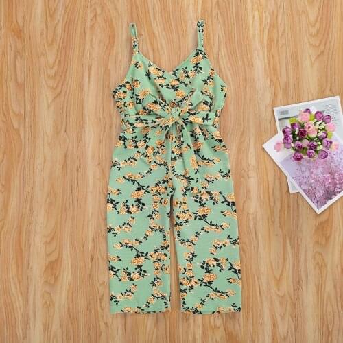 New Kids Girl Chiffon Romper Sling Trousers Sleeveless Floral Printed Buttons Summer Lace-up Belt Jumpsuit