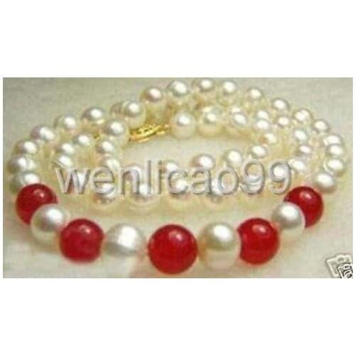 New GREAT 18" freshwater Cultured 7-8mm white pearl & red jade necklace AAA