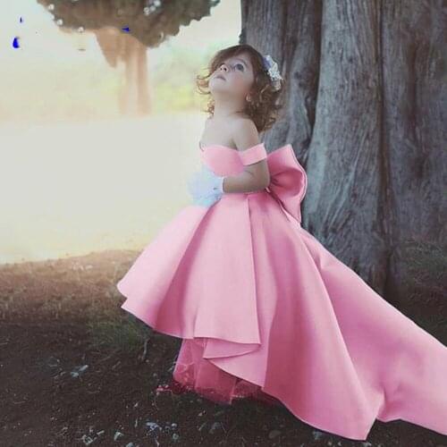 Pure Satin Girl Wedding Party Dresses Off Shoulder Baby Girl Princess Dresses Aline Puffy Bow Ball Gown Communion Dresses 2020