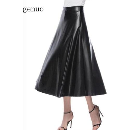 Autumn Winter High Waist Pleated Skirts Womens Elegant A-Line Black PU Leather Skirt Casual Punk Gothic Long Maxi Skirts Saia