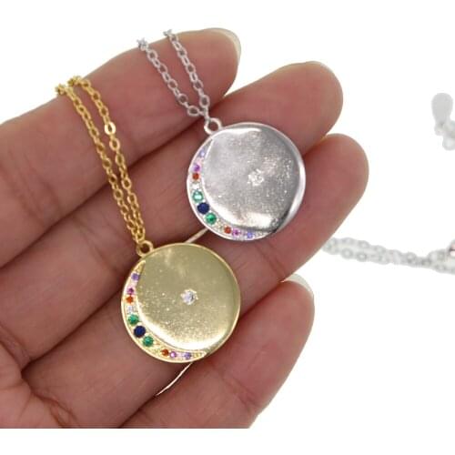 Coin necklace paved rainbow moon round disco charm collar 16+2" fashion