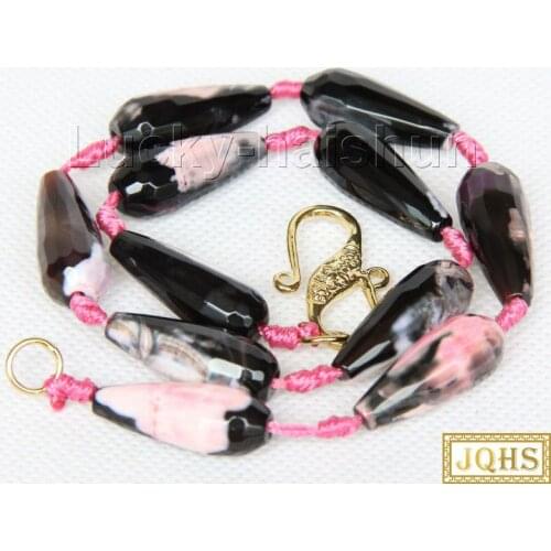 16" 10*25mm carved drip black pink agates beads Strand knotted necklace j9740