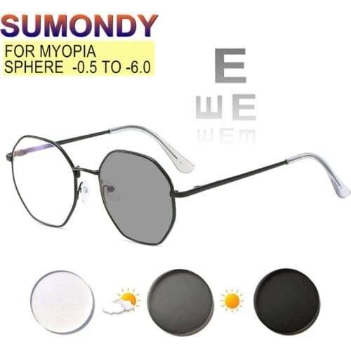 SUMONDY Photochromic Myopia Glasses Prescription -0.5 to -6 Women Men Fashion Polygonal Alloy Frame Nearsighted Spectacles UF53