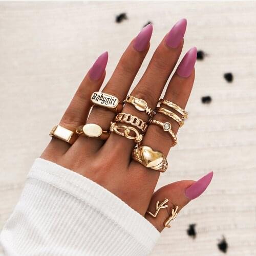 Yobest Bohemian Geometric Rings Sets Clear Crystal Stone Heart Baby girl Gold Chain Opening Rings for Women Jewelry Accessories