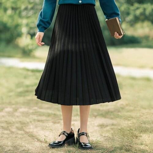 INMAN 2021 Spring New Arrival Pleated Elastic Waisted Retro Literature Elegant Mid Length A-line Womens Skirt