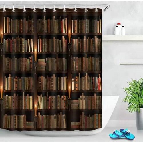 Vintage Library Shower Curtains Candles Retro Books Neat Bookshelf Pattern 3D Modern Home Decor Waterproof Bathroom Curtain Sets