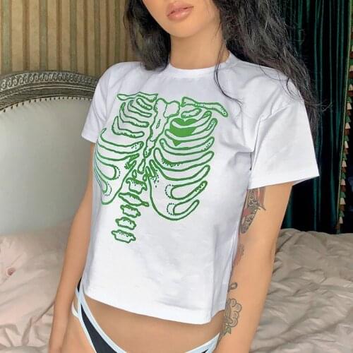 Punk E-girl Tee gothic skull print T-shirt 90s streetwear summer women vintage casual o-neck basic crop top y2k Harajuku slim