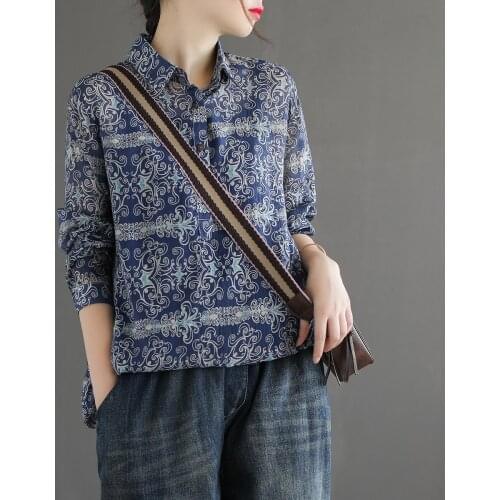 2020 New autumn Women Blouse Mori Girl Stand Collar Print Linen Shirt vintage Loose Casual Long Sleeve Cotton linen Tops Women