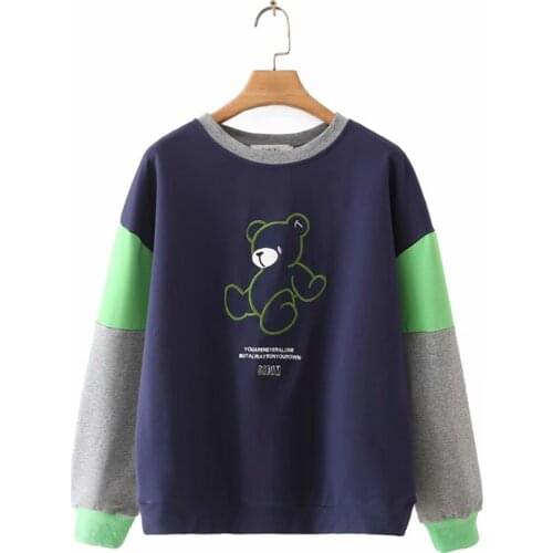 Plus size Kawaii bear embroidery Womens Sweatshirts 2021 fashion gray dark blue patchwork spring autum pullover Woman clothes