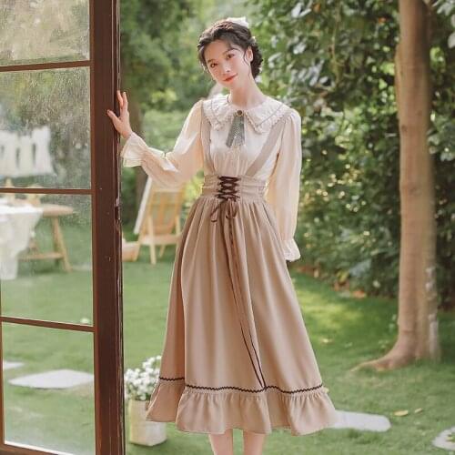 Japan Mori Girl Style Women Outfits Sweet Peter Pan Collar Bow Blouse Tops & Bandage Long Skirt Vintage Modern 2 piece Sets